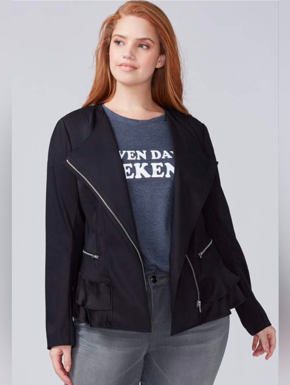 Lane Bryant 20P Black Satin Ruffle Zip Detail Blazer Jacket F-0153